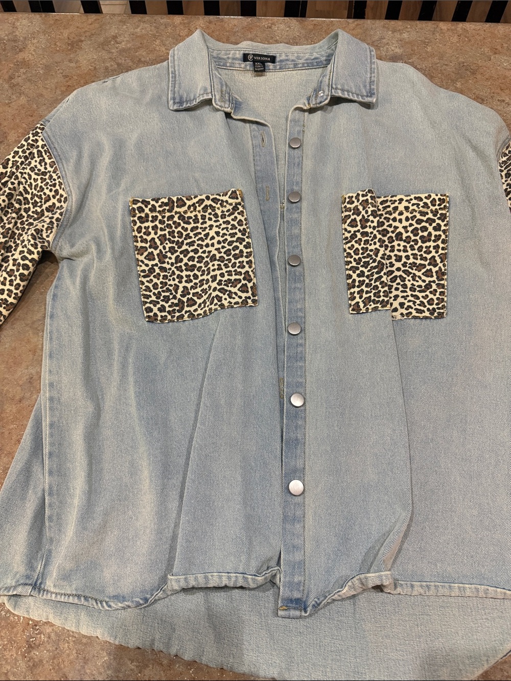 Denim Jacket with Leopard Print Sleeves and Pockets